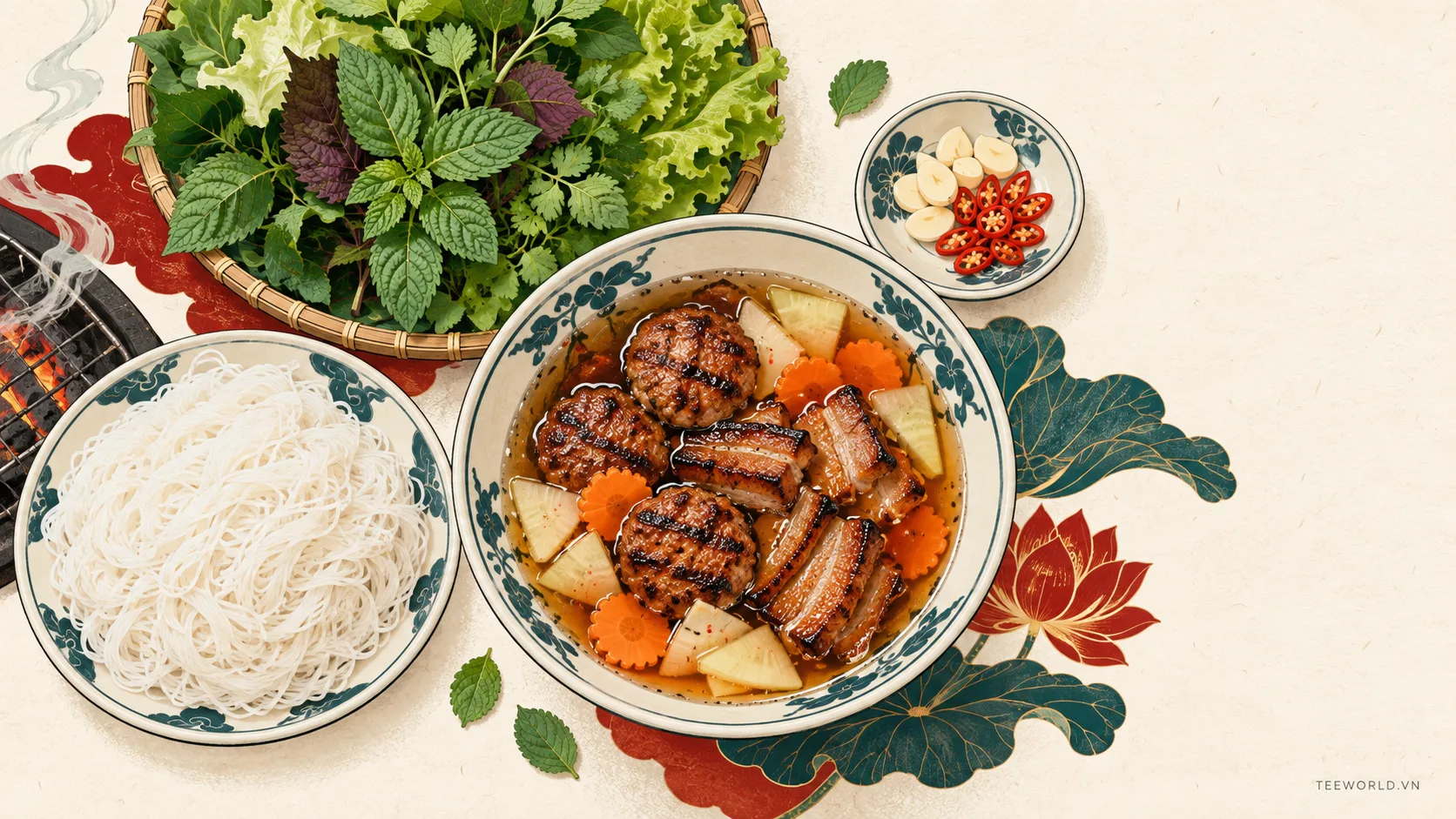 Minh họa bún chả hà nội - Teeworld Studio
